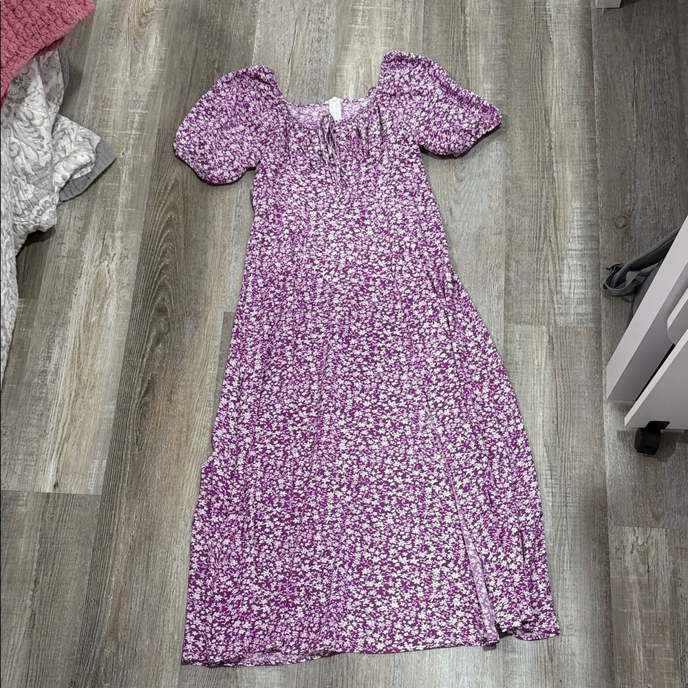 Purple Floral Puff Sleeve Maxi Dress